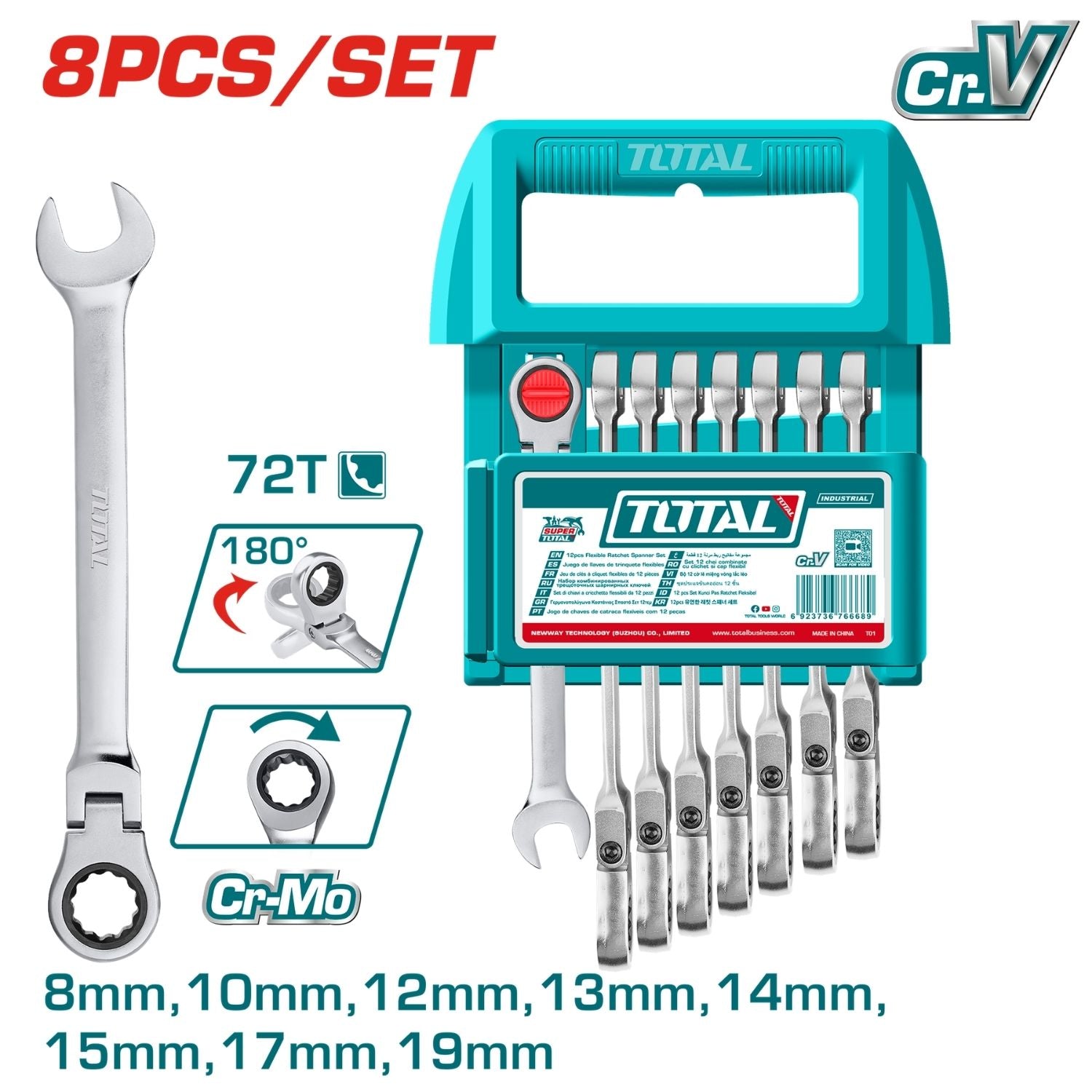 Llaves combinadas flexibles ratchet. Juego de 8 a 19mm. Set 8 pzas.