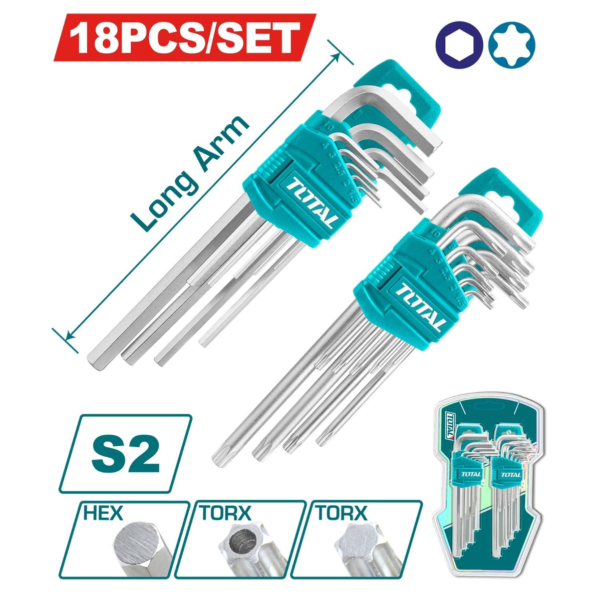 Juego de 18 llaves L Hex y Torx. Acero S2  9 pcs hex 1.5-10mm y 9 torx T10-T50 Acabado Cromado.
