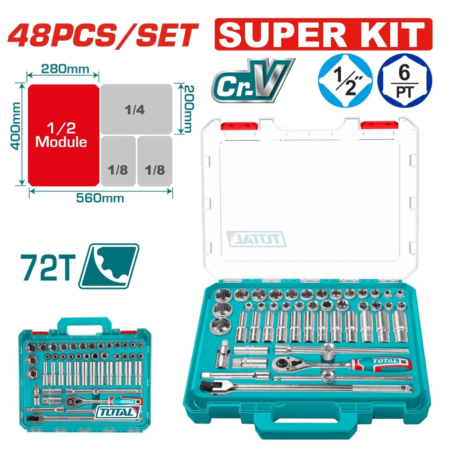 Dados Socket Ratchet Mango Kit 1/2" Cr-V 72T. Set de 48 piezas variadas.