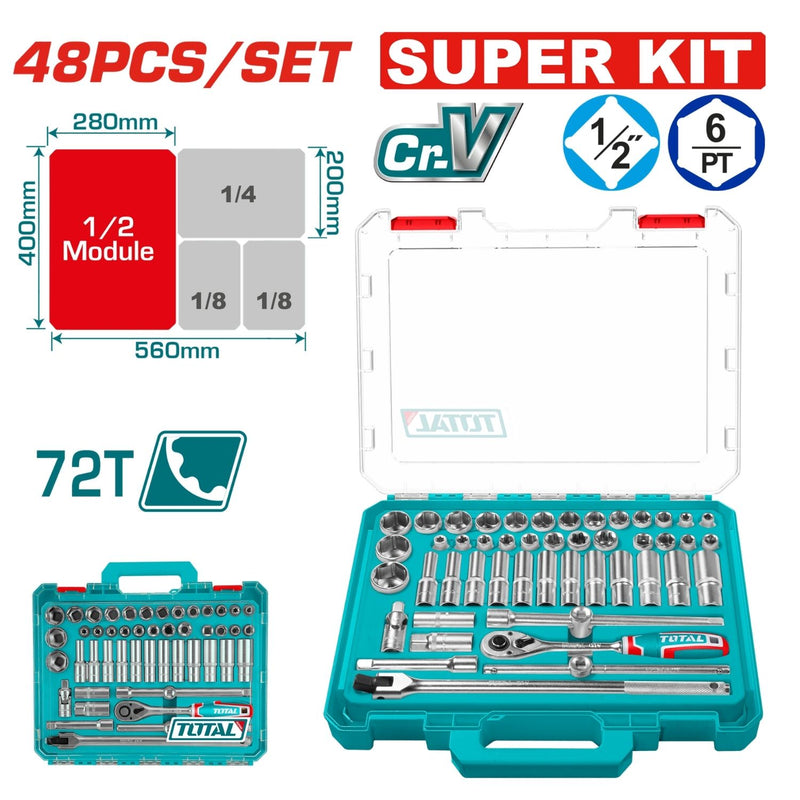 Dados Socket Ratchet Mango Kit 1/2" Cr-V 72T. Set de 48 piezas variadas.