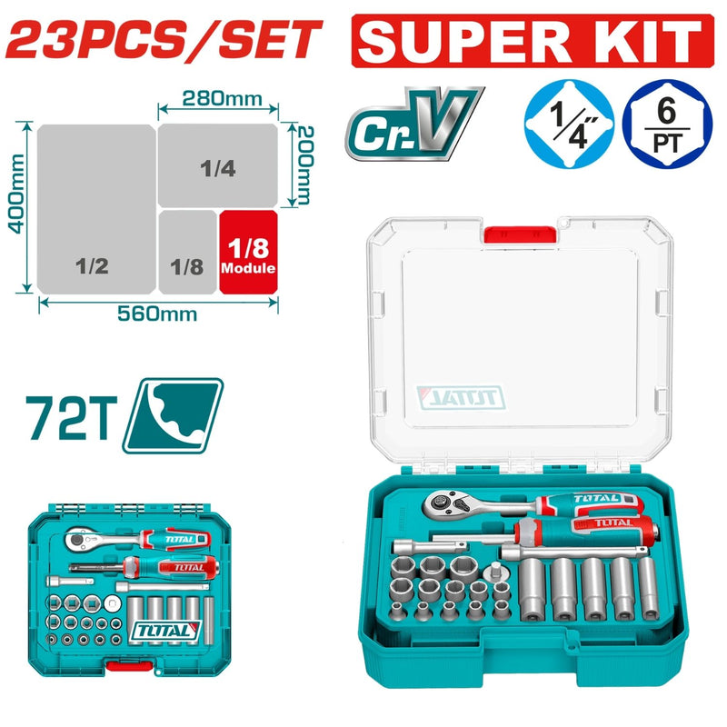 Dados Socket de 1/4" con ratchet Cr.V 4-14mm Set de 23 piezas. Tratamiento térmico.