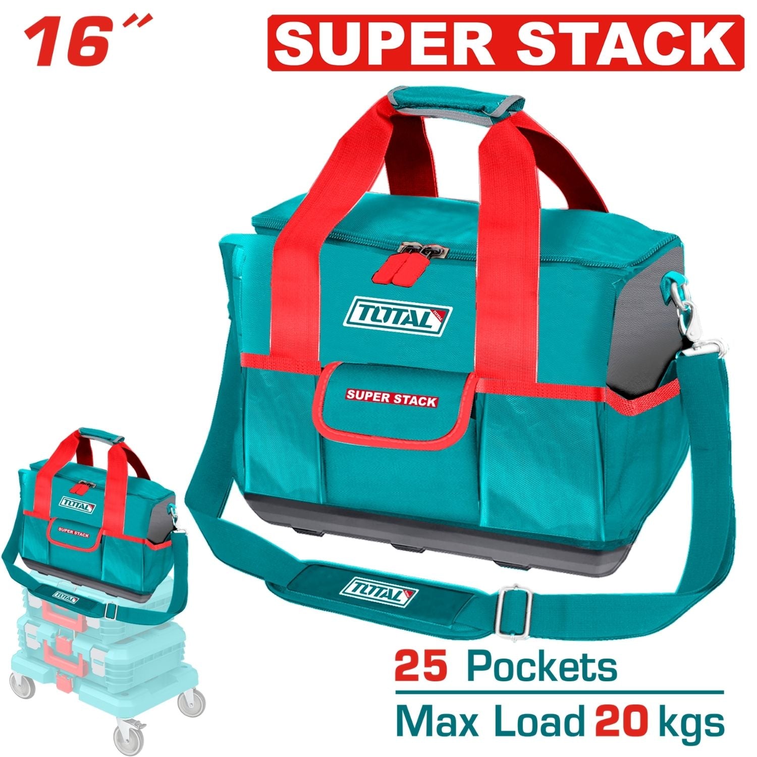 Bolso Caja Porta herramientas de poliéster 1680D, Tamaño 16”, 25 bolsillos para herramientas Carga 20Kg.