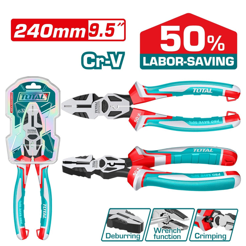 Alicate de combinación 9.5"/240mm Cr-V Ahorra el 50% de la fuerza aplicada. Mango TPR tricolor.