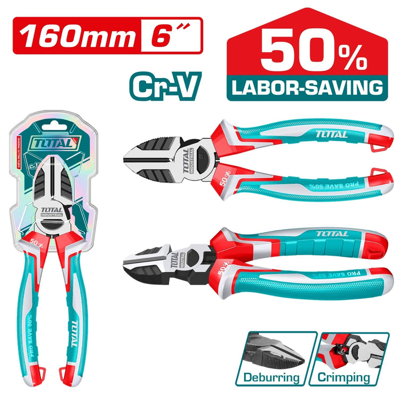 Alicate de corte diagonal de 6"/160mm Cr-V. Ahorra el 50% de la fuerza. Acabado negro pulido. Función crimpado.