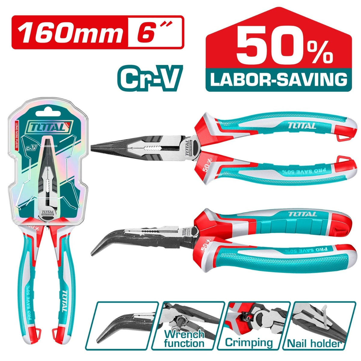 Alicate de punta doblada 6"/160mm Cr-V. Ahorra 50% Cr-V Acabado negro pulido.  Crimpado