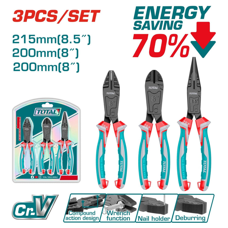 Alicates de Combinación de 8", de Punta larga de 8.5", de corte diagonal de 8". Ahorra 70% de energía. Set 3 pzas.