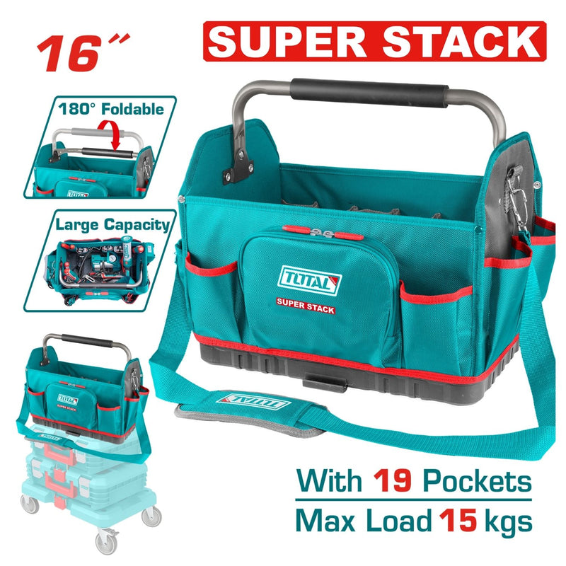 Bolso Caja herramientas de Poliéster 1680D, Tamaño 16” 8 bolsillos y 11 bolsillos interiores. Capacidad: 15Kg. Asa de Acero 180° con agarre suave EVA.