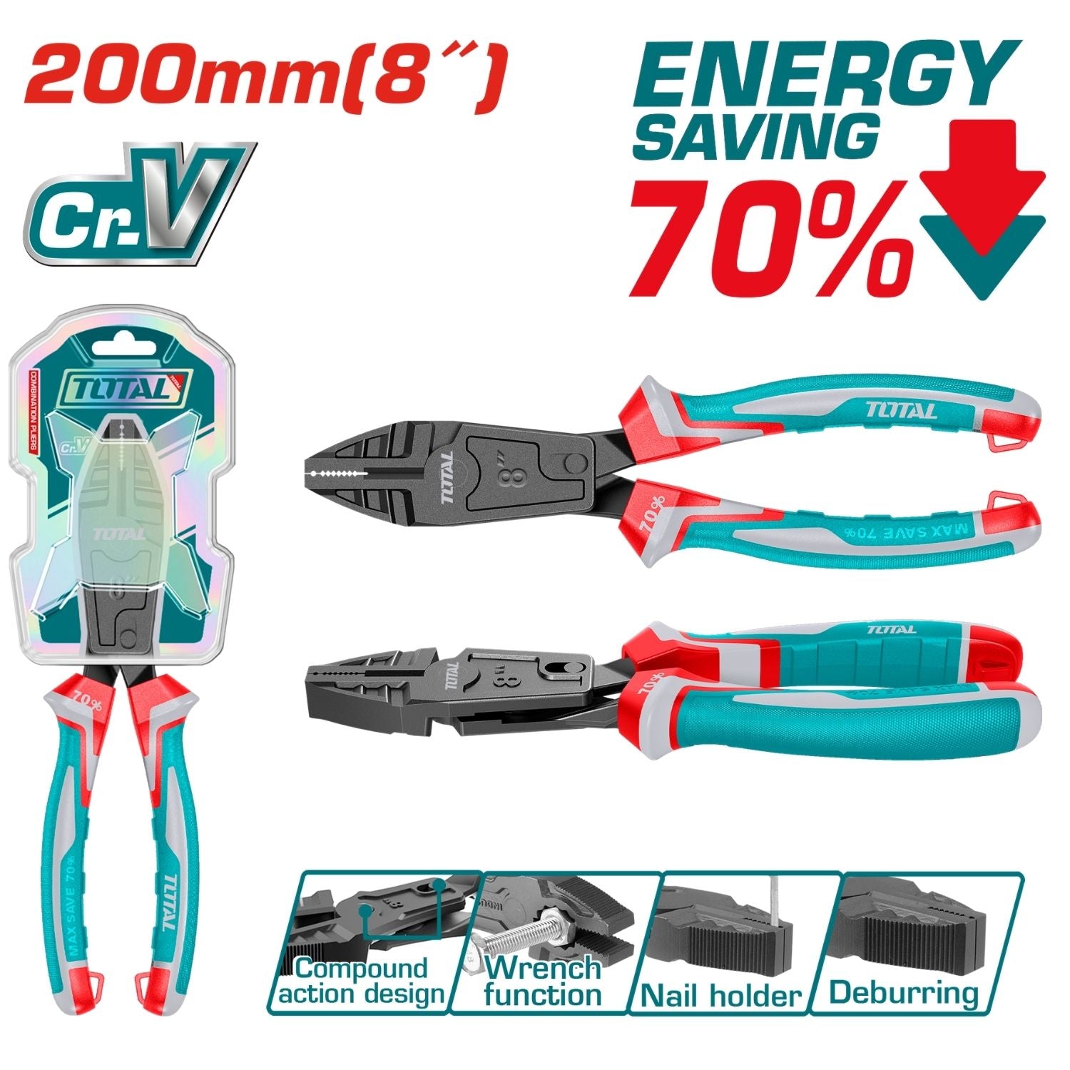 Alicate de combinacion acción compuesta 8" (200m) Cr-V 70% ahorro de energía. Mango TPR Función llave.