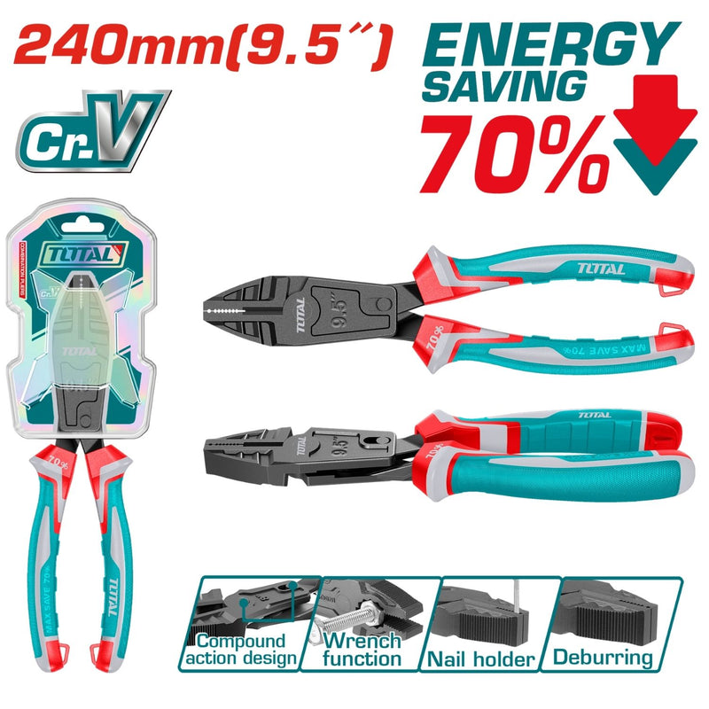 Alicate de combinación acción compuesta 9.5"/240mm Cr-V 70% ahorro de energía. Mango ergonómico