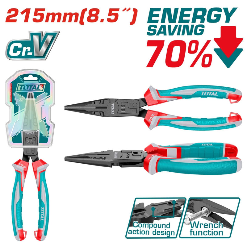 Alicate de punta larga de acción compuesta 8.5"/215mm Cr-V. 70% ahorro de energía. Mango ergonómico