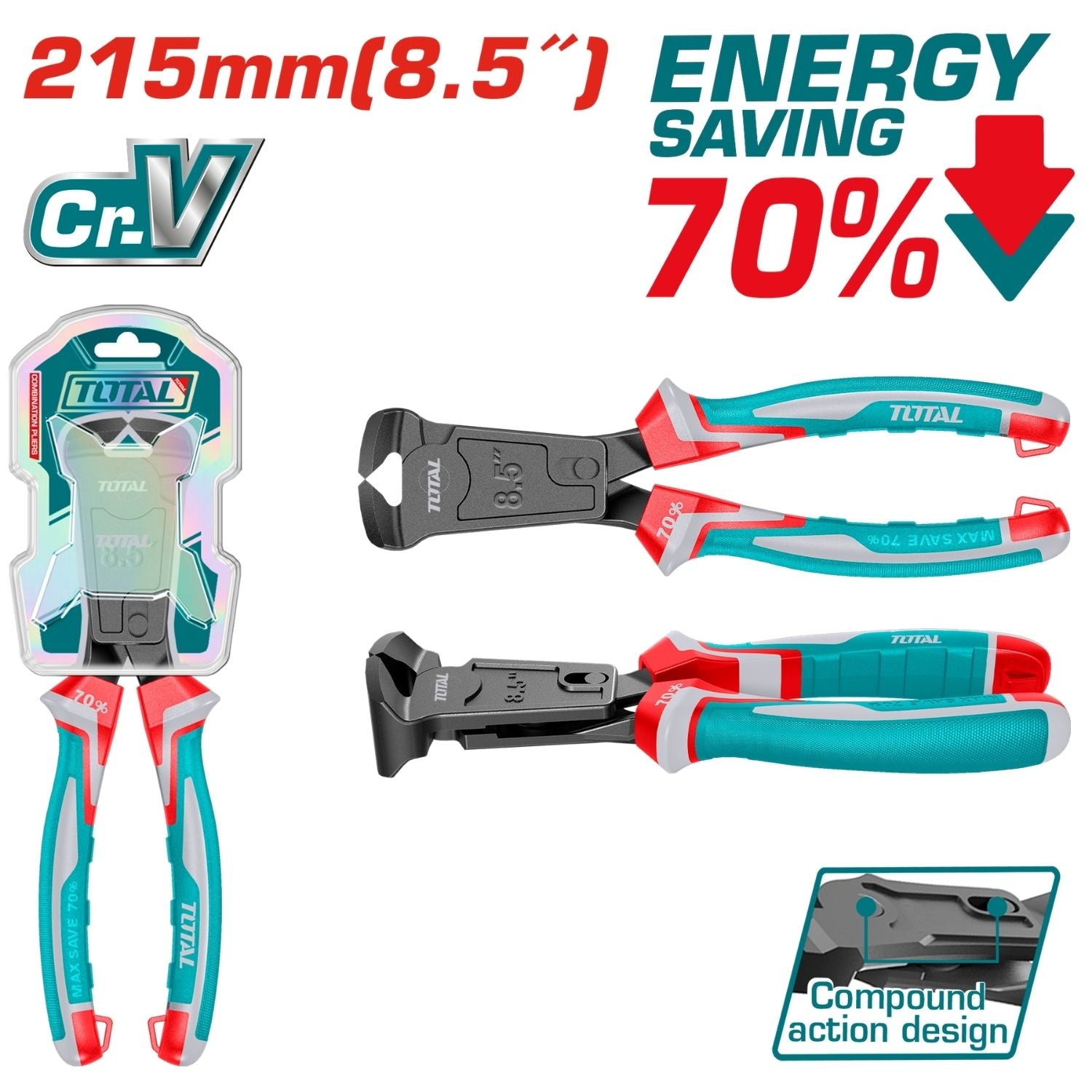 Alicate de corte final acción compuesta 8.5"/215mm Cr-V. 70% ahorro de energía. Mango ergonómico.