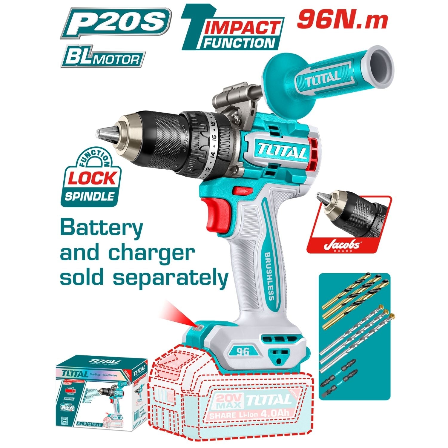 Drill Taladro Percutor 96N.m 1/2" 20V Mandril metálico Jacobs Luz LED. Motor sin escobillas. No Incluye Batería Ni Cargador.