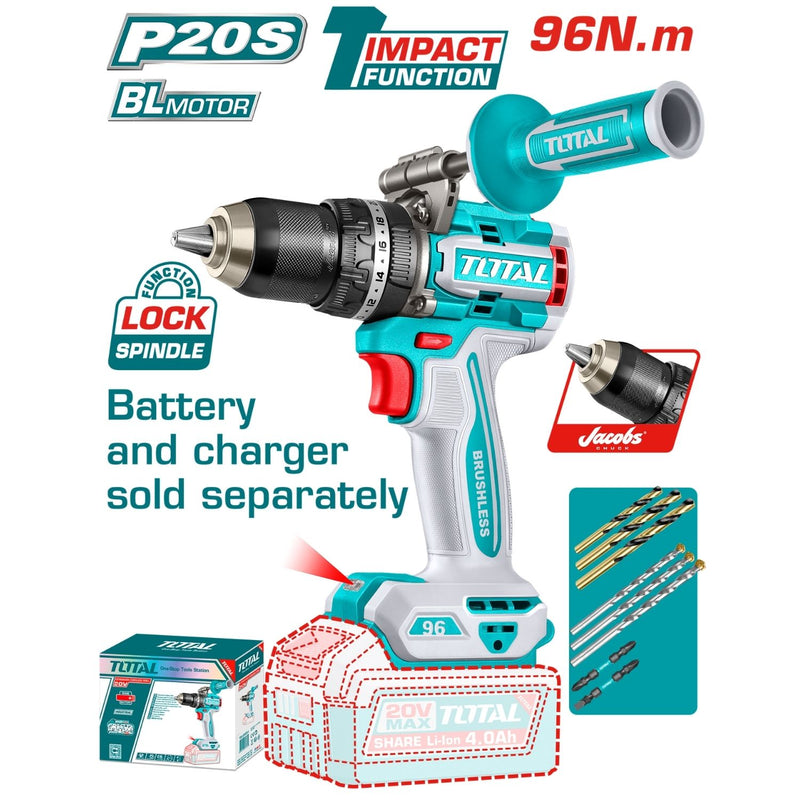 Drill Taladro Percutor 96N.m 1/2" 20V Mandril metálico Jacobs Luz LED. Motor sin escobillas. No Incluye Batería Ni Cargador.