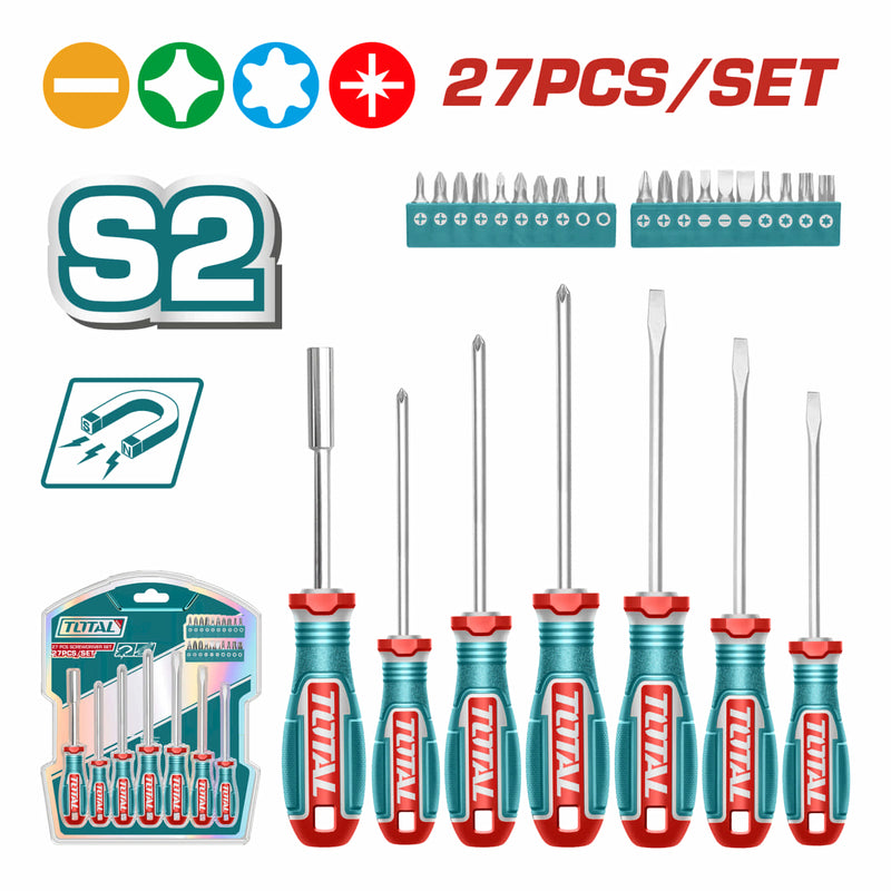 Combo del mes Total Destornilladores Variados Set de 27 piezas  Puntas: Plana, Phillips, Hexagonal, Torx POCAS UNIDADES.