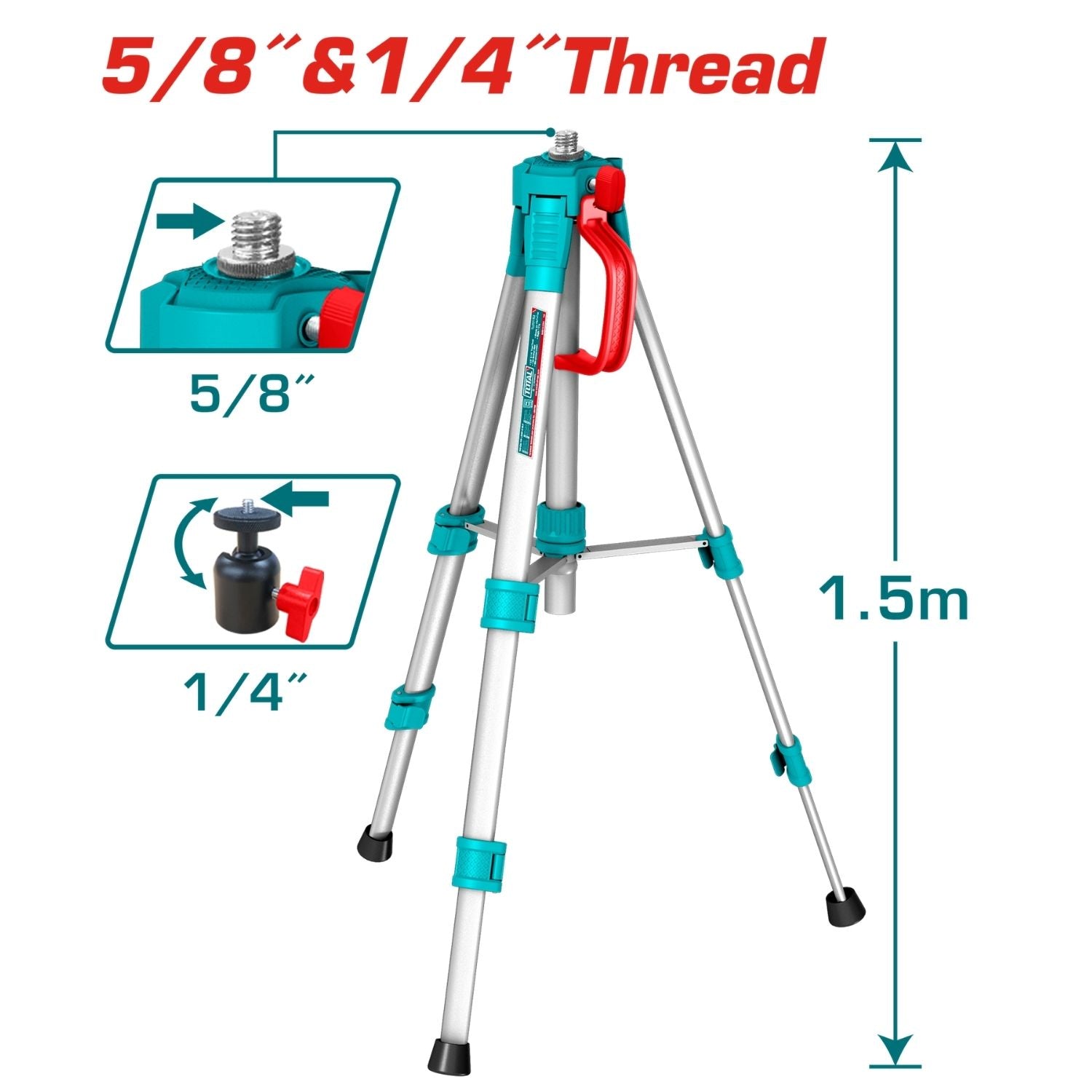 Trípode de Aluminio 1.5m Tuerca 5/8” y 1/4” Compatible con niveles láser