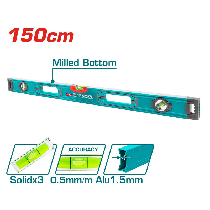 Nivel de Burbuja en forma de V para Objetos Cilindricos 150 cm. Espesor del Aluminio 1.5 mm.