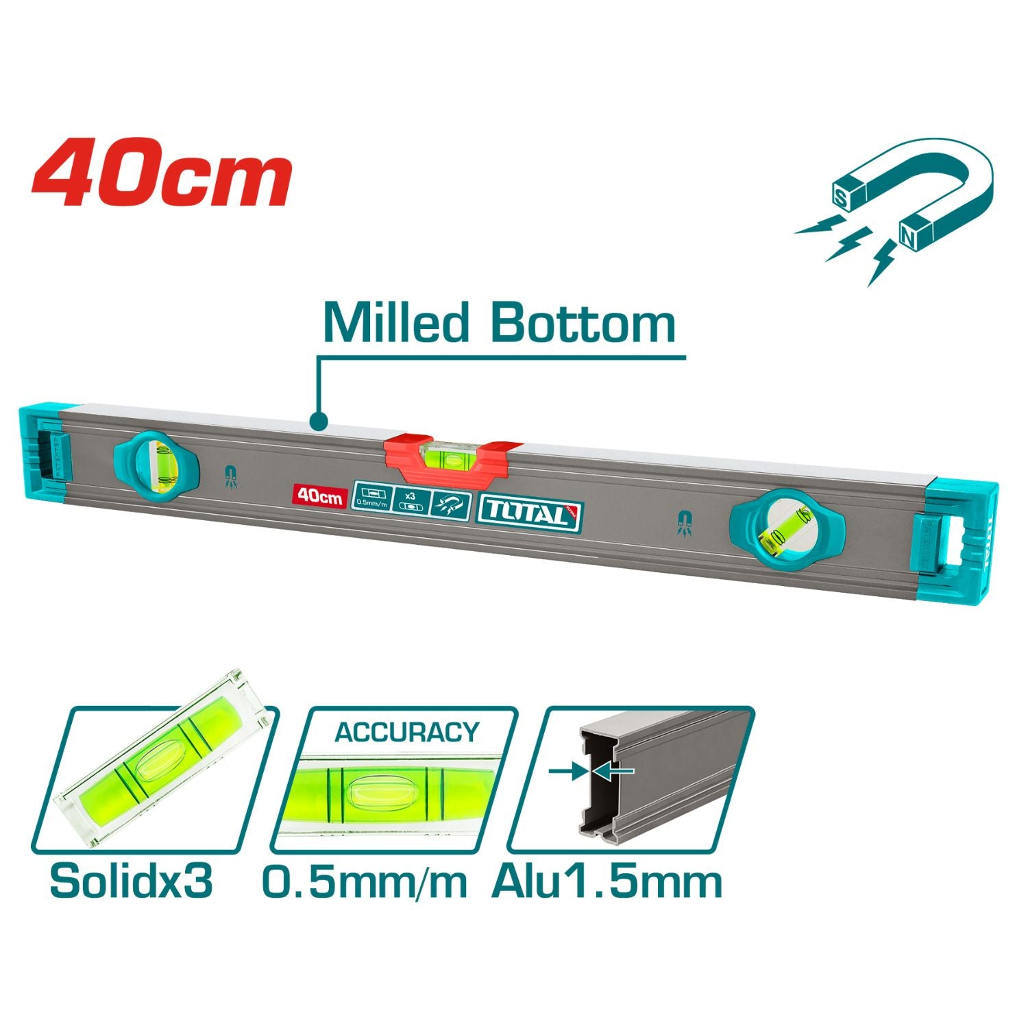 Nivel de Burbuja Magnetico de Doble Superficie Plana 40 cm. Espesor del Aluminio 1.5 mm.