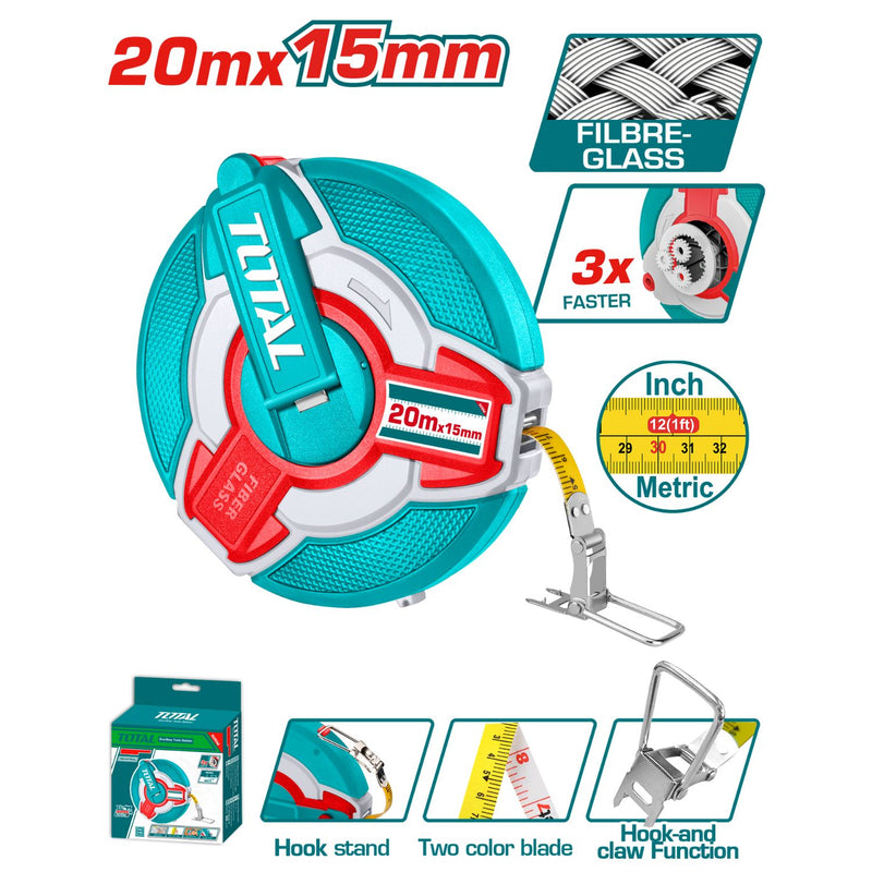 Cinta Métrica de Fibra de Vidrio 20mx15mm Mango integrado. Métrico y pulgadas.