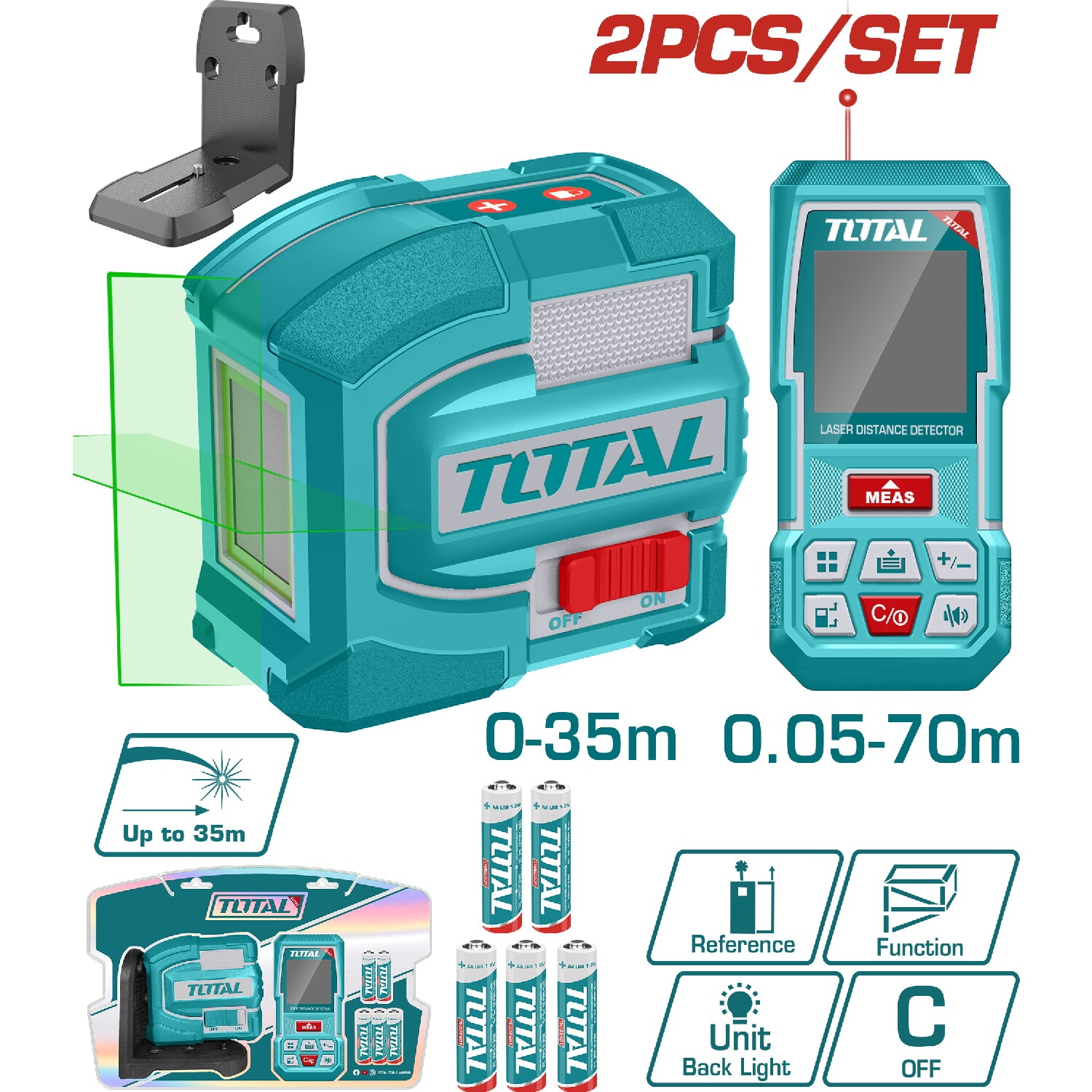 Nivel Láser Rango 0~35 m  Precisión ±1.5 mm a 7 m y Detector de Distancia Rango 0.05-70 m Precisión ±2.0 mm. Incluye baterías. Se vende en Juego