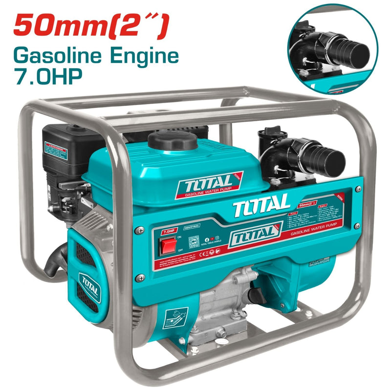 Bomba de Agua a Gasolina 7.0 HP. Diametro de Salida 50mm (2"). Flujo max. 550L/min y altura máxima de 32m. Ideal para riego, drenaje y uso agrícola.
