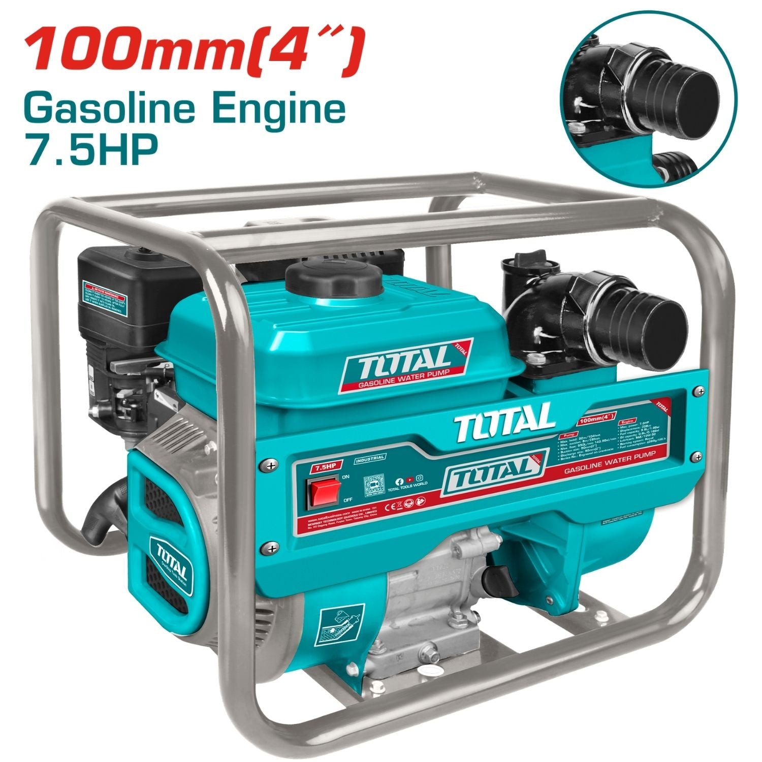 Bomba de Agua a Gasolina 7.5HP Salida 100mm (4"). Flujo max. 1500 L/min (Lift 29m)
