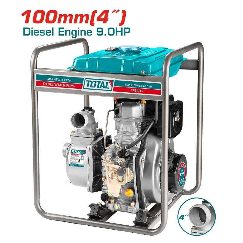 Bomba de agua diesel de 4" 1420L/min max 25mts 8.3HP . Encendido de cuerda Tanque 12.5L