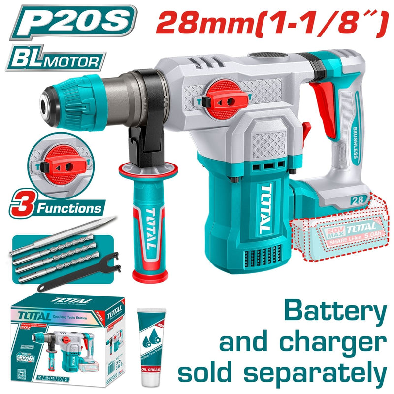 Taladro Rotomartillo Motor sin escobillas 930rpm 4400bpm 4.5J Perforación max 28mm. No incluye batería ni cargador.