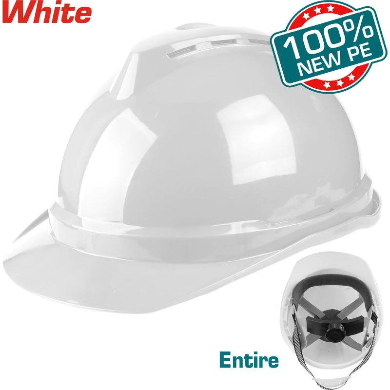 Casco de Seguridad color blanco. Refuerzo superior en forma de V.  Suspensión de 4 puntos.