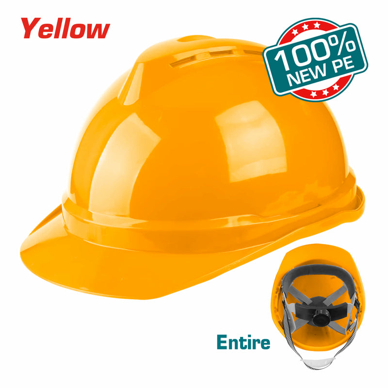 Casco de seguridad amarillo. 4 puntos de suspensión. Ajustable. Carcasa de PE con ventilación.