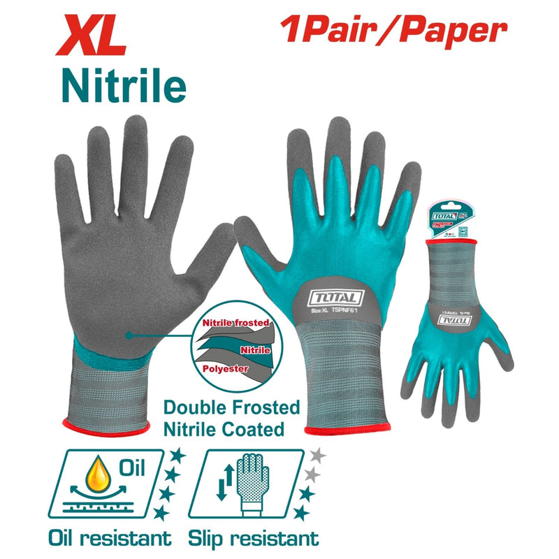 Guantes de Nitrilo Recubiertos Esmerilado para trabajo pesado (químicos y objetos punzantes). Talla XL. (Par)