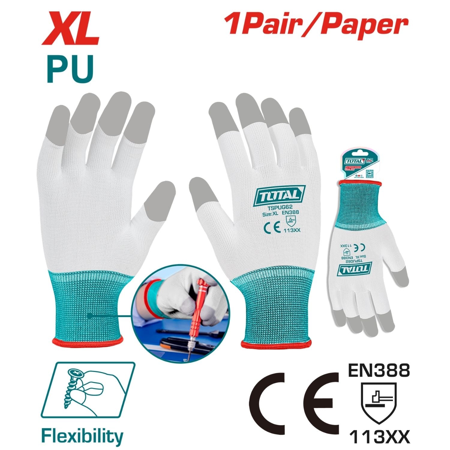 Guantes de Trabajo Antideslizantes (Talla XL) Recubiertos en PU. Calibre 13. (1 par)