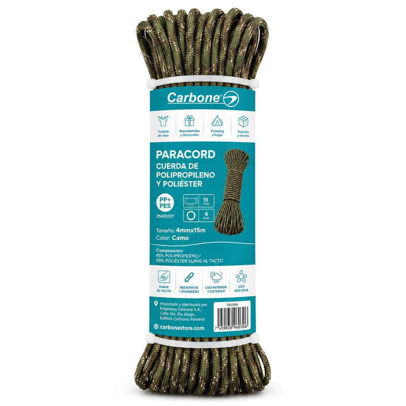 Cuerda Paracord Camuflada. Soga De Amarre PP Y Poliéster Suave Al Tacto. Mecate  (4mmx15m)