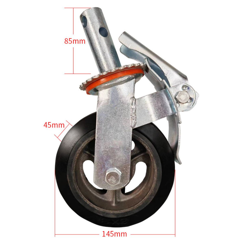 Rodaja para Andamio de 8". Rueda Industrial con Núcleo de Hierro, Goma Antideslizante y freno.
