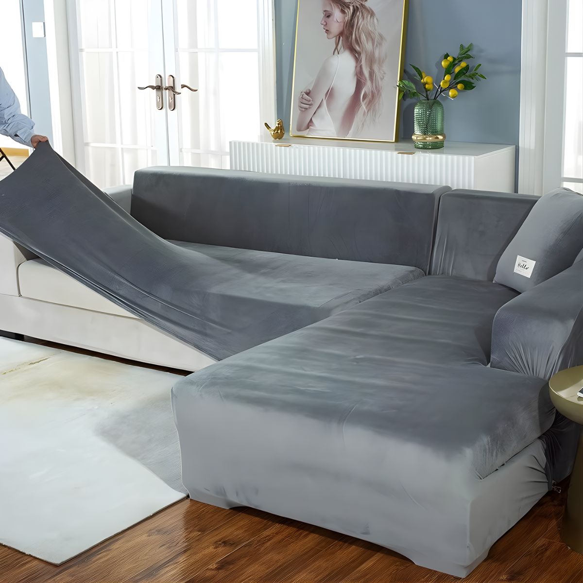 Fundas Elásticas para Sofás. Cubiertas Protectoras para sillones de Terciopelo Suave. Color Gris Claro.