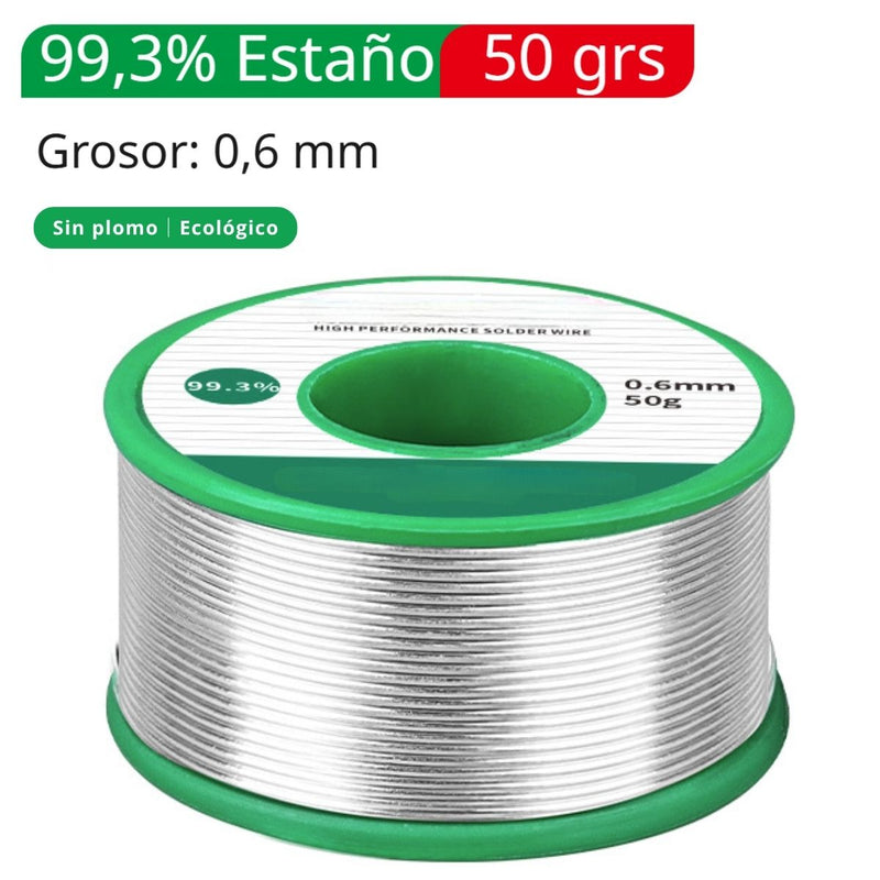 Rollo Cautin Estaño Alambre De Soldadura Sin Plomo 99.3% 0.6mm (50 Grs). Contenido Fundente 2%. Punto Fusión 227°C Para Electrónica Y Reparaciones