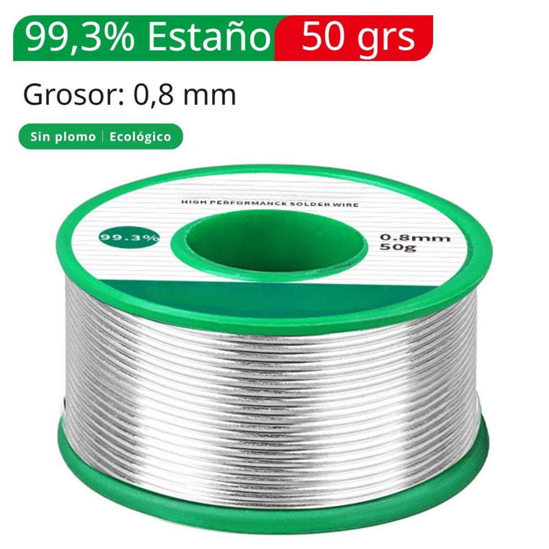 Rollo Cautin Estaño Alambre De Soldadura Sin Plomo 99.3% 0.8mm (50 Grs). Contenido Fundente 2%. Punto Fusión 227°C Para Electrónica Y Reparaciones