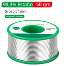 Rollo Cautin Estaño Alambre De Soldadura Sin Plomo 99.3% 1mm (50 Grs). Contenido Fundente 2%. Punto Fusión 227°C Para Electrónica Y Reparaciones