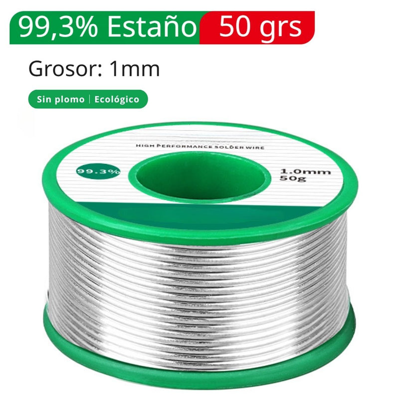 Rollo Cautin Estaño Alambre De Soldadura Sin Plomo 99.3% 1mm (50 Grs). Contenido Fundente 2%. Punto Fusión 227°C Para Electrónica Y Reparaciones