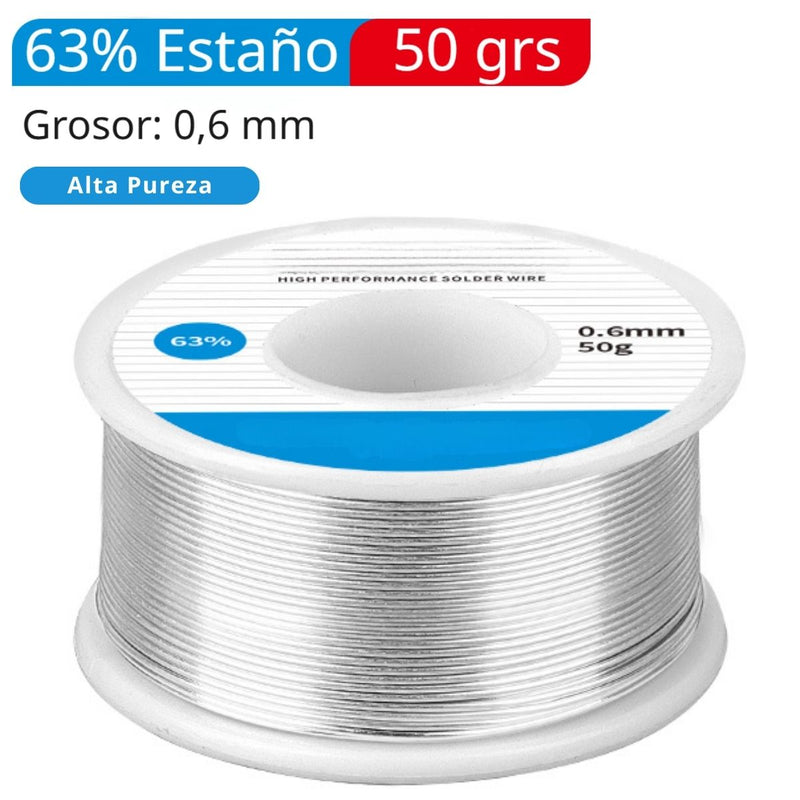 Rollo Cautin Estaño 63% Y Plomo Para Soldar 0.6mm (50grs). Alambre De Soldadura De Alta Conductividad Para Electrónica. Contenido Fundente 2%. Punto De Fusión 183°C