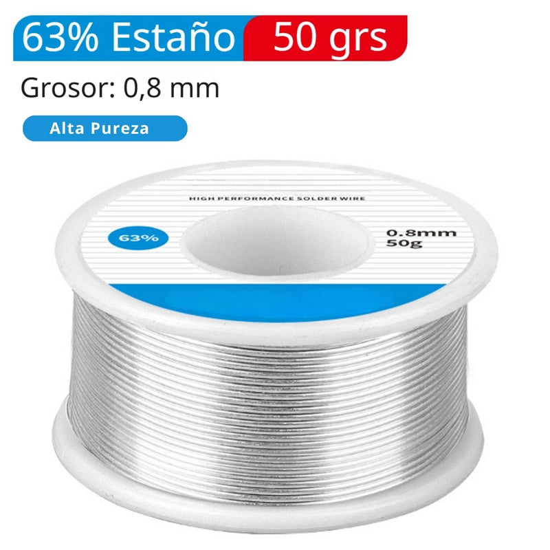 Rollo Cautin Estaño 63% Y Plomo Para Soldar 0.8mm (50grs) Alambre De Soldadura De Alta Conductividad Para Electrónica. Contenido Fundente 2%. Punto De Fusión 183°C