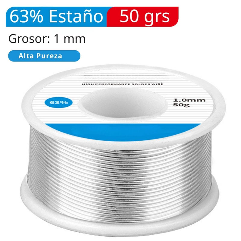 Rollo Cautin Estaño 63% Y Plomo Para Soldar 1mm (50grs) Alambre De Soldadura De Alta Conductividad Para Electrónica. Contenido Fundente 2%. Punto De Fusión 183°C
