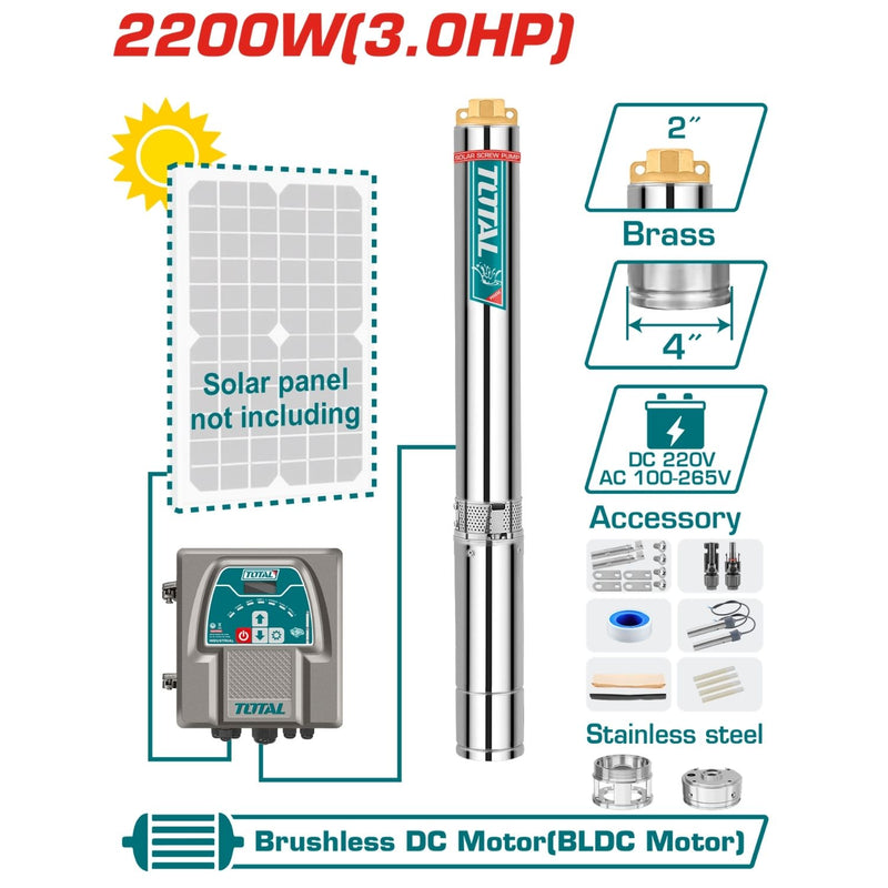 Bomba Sumergible Solar 220V 2200W (3.0HP) 2” Motor sin escobillas. No Incluye panel solar.