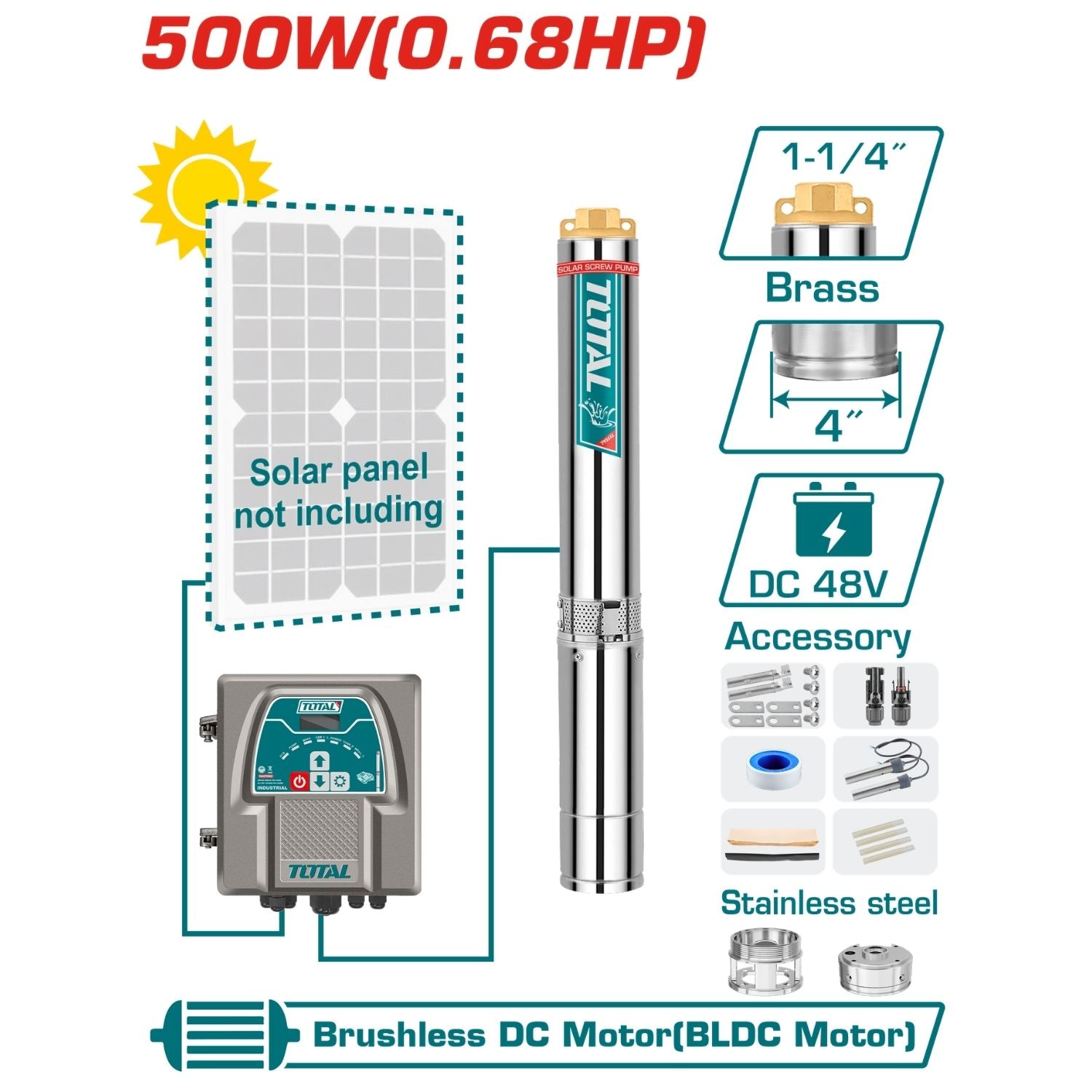 Bomba Sumergible Solar 4" 48V 500W  Flujo 4.0m³/h 78m No incluye Panel Solar.