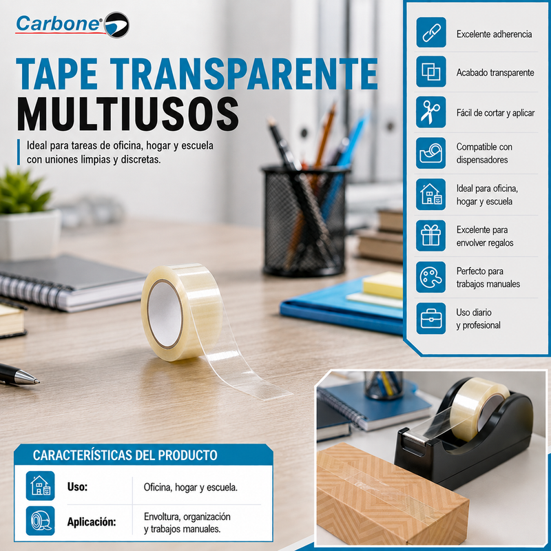 Tape transparente. Cinta adhesiva multiusos para oficina y hogar.