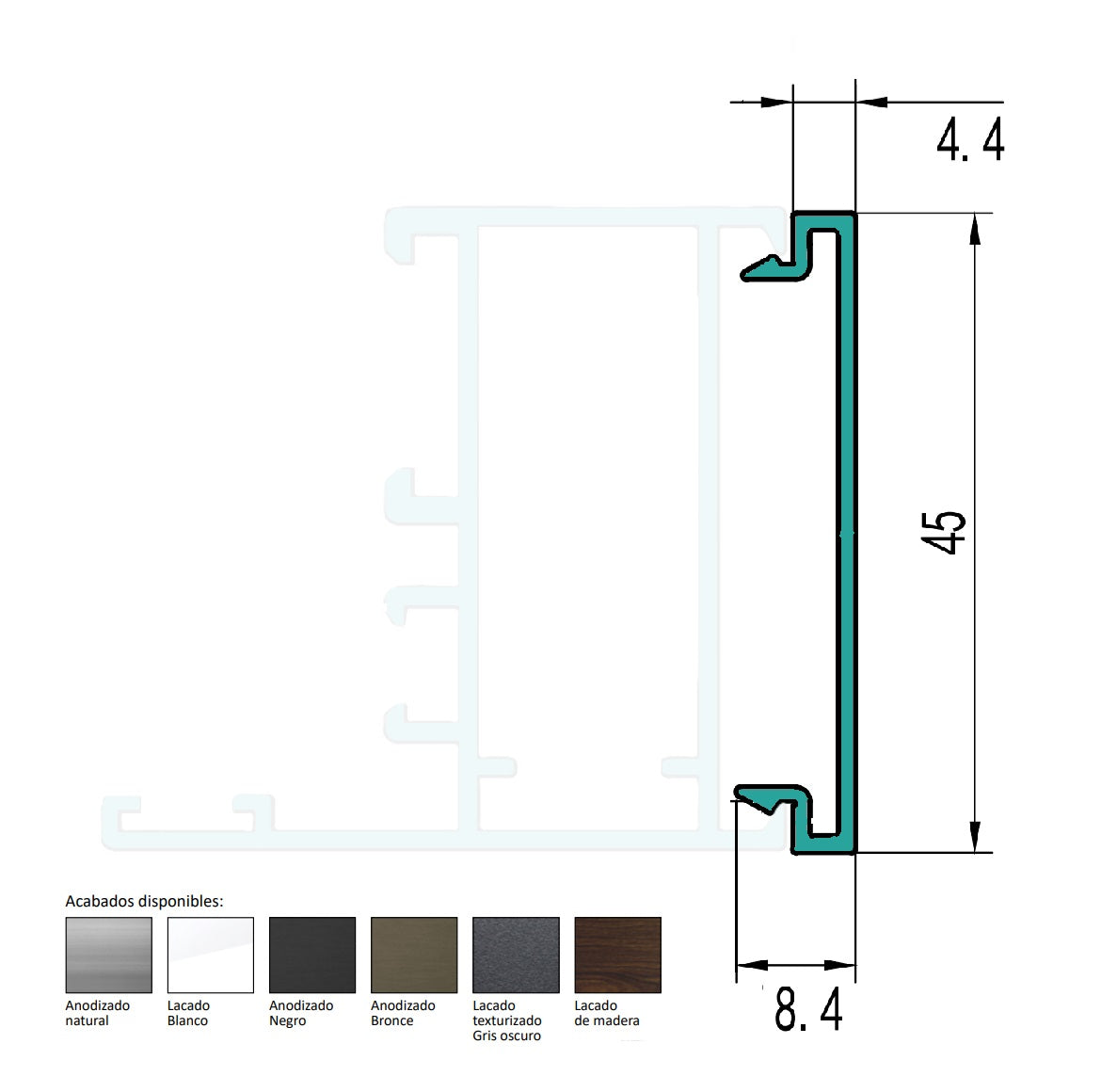 Tapa Plana Remate perimetral para Marco 45 mm Europa Largo 5.85 mts. Acabado Anodizado Bronze 15 Micron