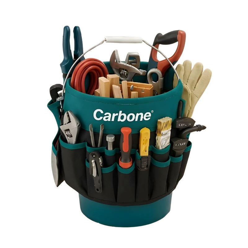 Bolso Porta Herramientas Profesional de Tela Oxford 600D. Cubeta Organizadora Carbone con Múltiples Bolsillos y Asa Metálica 30x32cm.