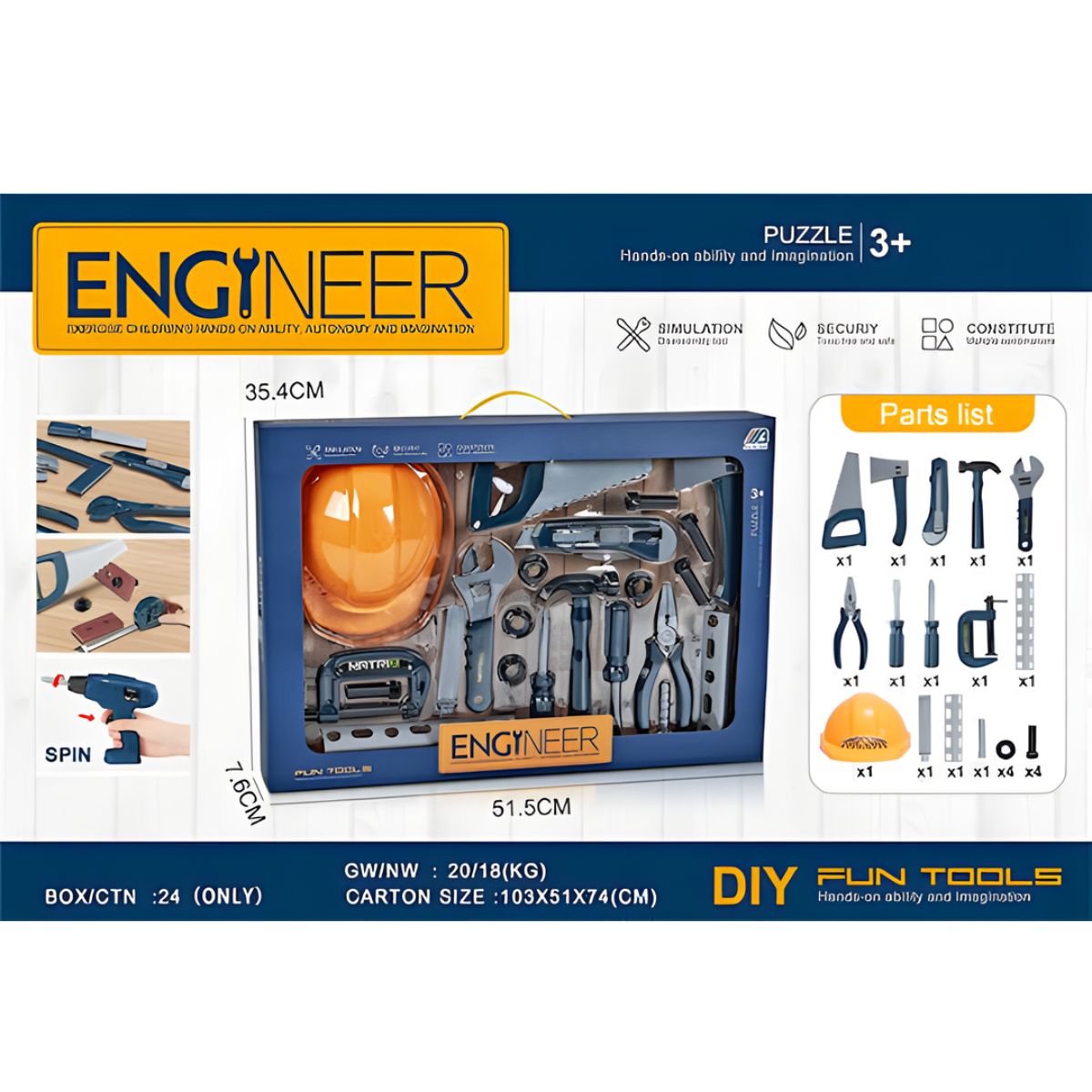 Juguete de Herramientas Infantil con Taladro Eléctrico de Mano y Casco. Kit de Construcción Didáctico Para Niños. Set Educativo con Accesorios.