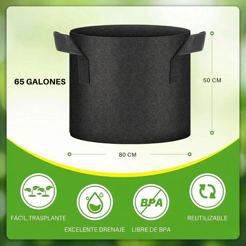 Bolsa de Cultivo de 65 Galones (80x50cm) Para Plantas. Maceta de tela Con Asas. Bolsa Para Huerto Con Drenaje. Color negro. Grow Bag Reutilizable y Transpirable