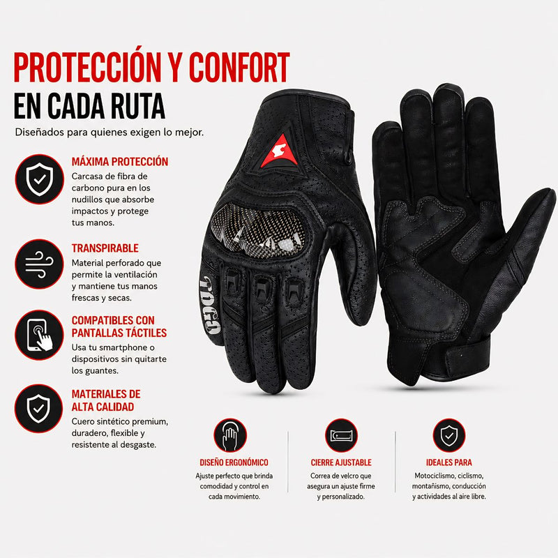 Guantes para Moto Compatibles con Celulares Touchscreen. Carcasa de Fibra de Carbono Anticaídas. Transpirables y Antideslizantes. Color Negro.