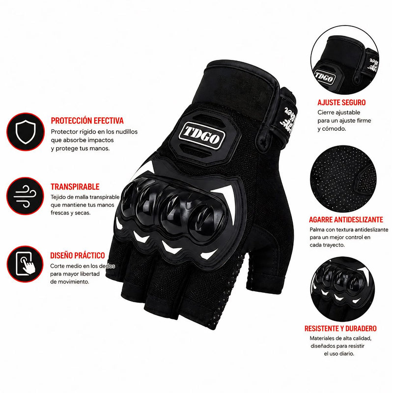 Guantes para Moto y Ciclismo de Medio Dedo con Carcasa PE Anticaídas. Antideslizantes y Transpirables. Resistentes al Desgaste. Color Negro.